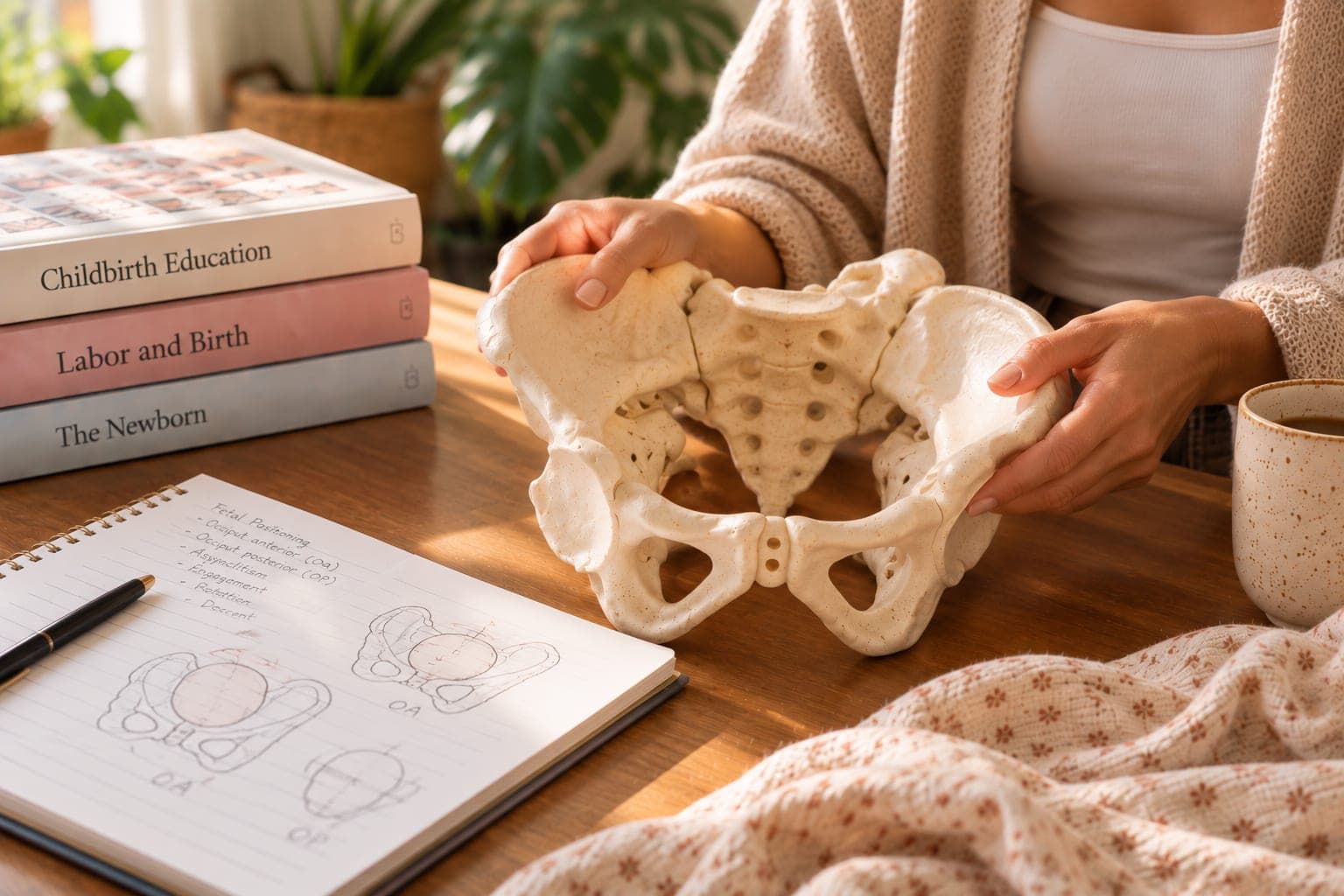 Hands holding a model pelvis over a childbirth education workbook.